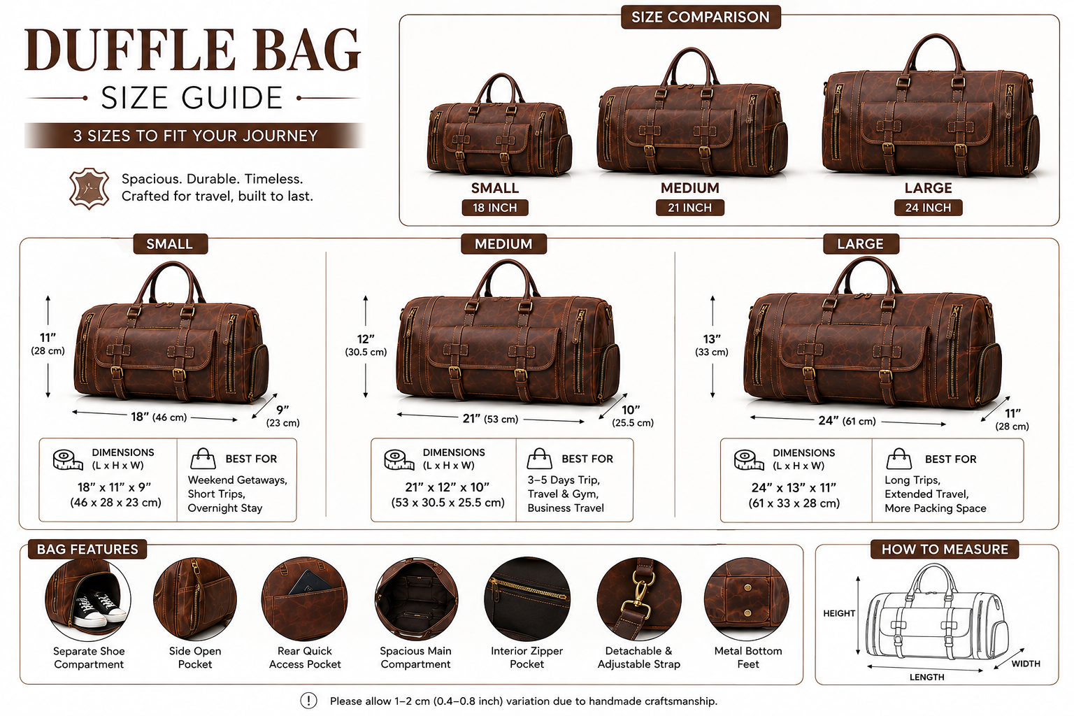 Genuine Crazy Horse Leather Duffle Bag with Shoe Compartment | Weekender Travel Bag