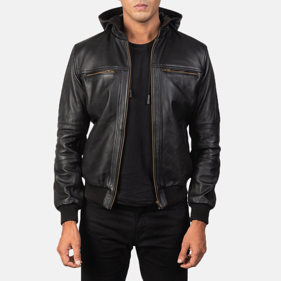 Men’s Hooded Genuine Cowhide Leather Jacket – Rib Knit Finish