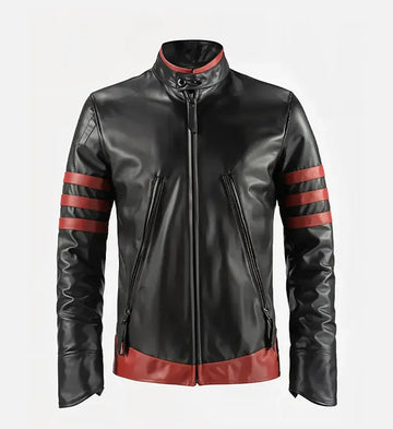 Men's Sheepskin Wolverine Leather Jacket – Black & Red Contrast with Striped Panels