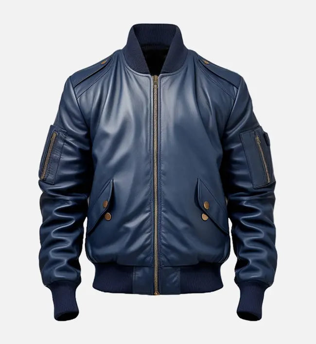 Men’s Blue Genuine Sheepskin Leather Bomber Jacket