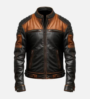 Men’s Sheepskin Black & Tan Brown Biker Leather Jacket
