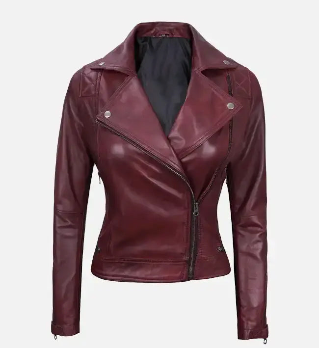 Women’s Maroon Sheepskin Leather Motorcycle Jacket – Asymmetrical Zip Style