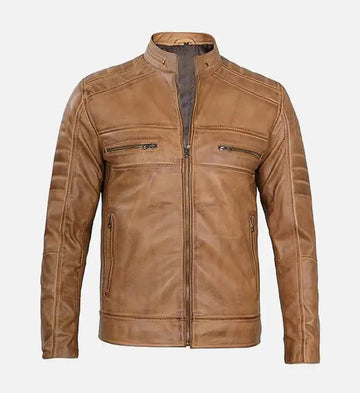 Men’s Sheepskin Leather Bomber Jacket – Tan Rust Brown with Quilted Detailing
