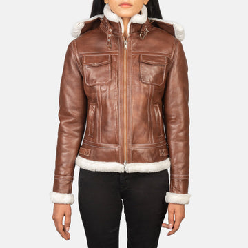 Women’s Sheepskin Leather Jacket with Faux Fur Lining & Removable Hood