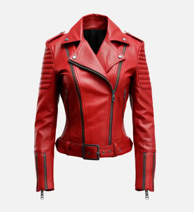 Women’s Sheepskin Leather Biker Jacket – Red with Quilted Sleeves