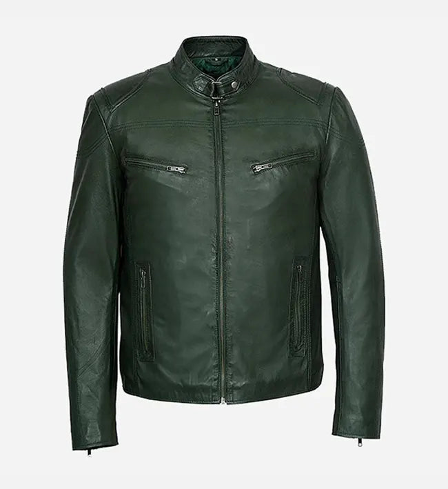 Men’s Sheepskin Genuine Leather Jacket – Dark Green Biker Style
