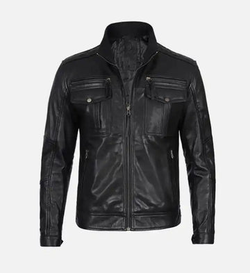 Men’s Sheepskin Real Leather Biker Jacket – Black with Sleek Minimalist Design