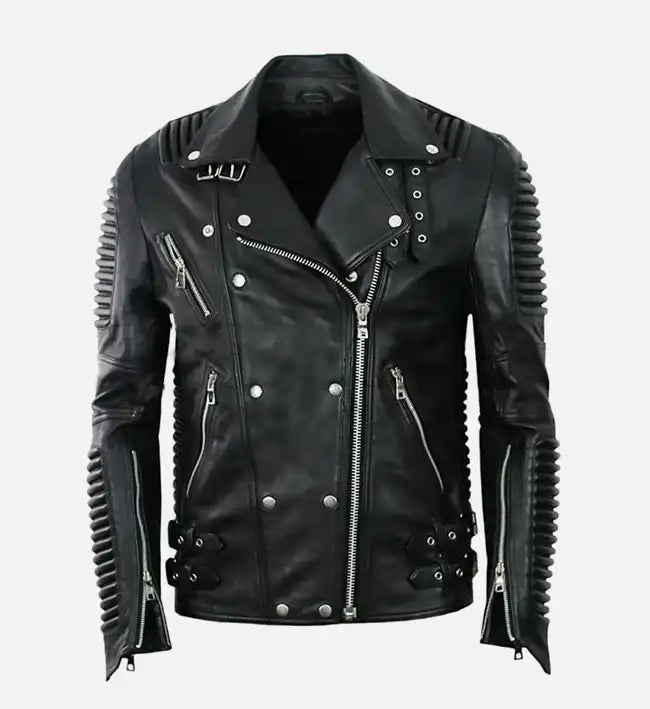 Women’s Sheepskin Leather Jacket – Black with Quilted Sleeves & Strap Waistline