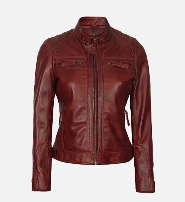 Women’s Sheepskin Reddish Quilted Café Racer Leather Jacket