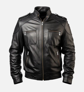 Men’s Black Sheepskin Leather Biker Jacket with Snap-Tab Collar