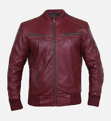 Men’s Sheepskin Leather Bomber Jacket – Red with Quilted Shoulders