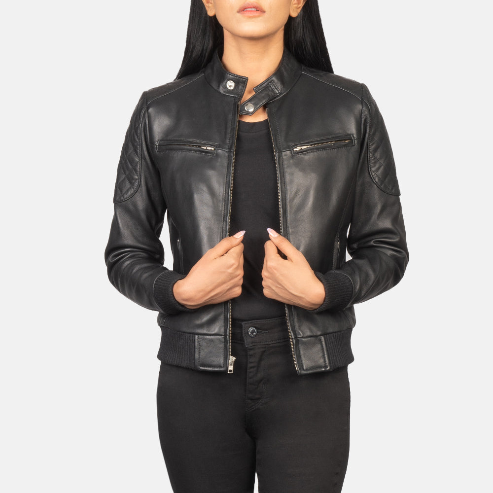 Women’s Black Genuine Sheepskin Leather Jacket with Band Collar