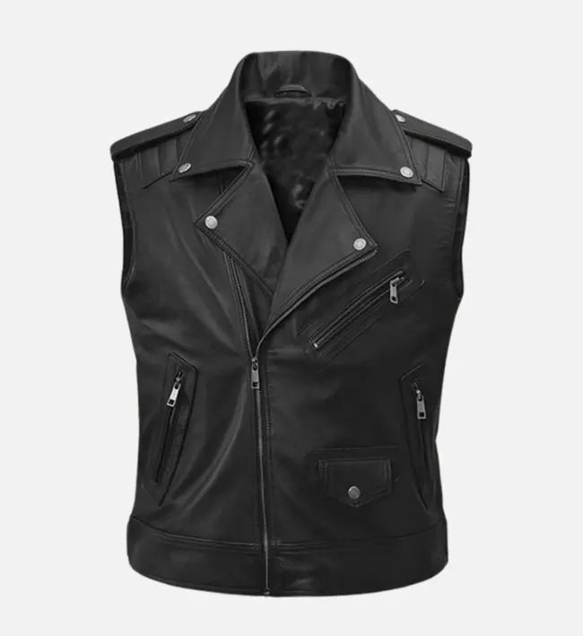 Men’s Black Sheepskin Leather Vest with Quilted Panels & Padded Shoulders