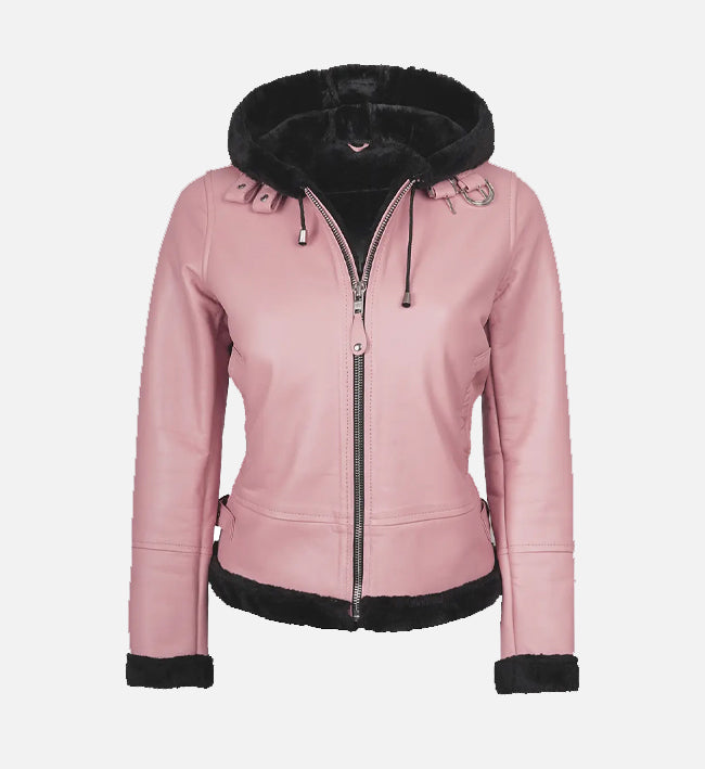 Women’s Pink Sheepskin Leather Jacket with Shearling Hood & Belted Waist