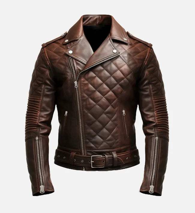 Men’s Sheepskin Leather Jacket – Brown with Quilted Design & Wide Lapel Collar