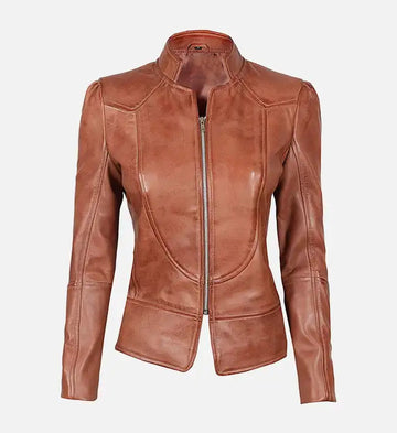 Women’s Sheepskin Leather Bomber Jacket – Vintage Brown with Streamlined Design