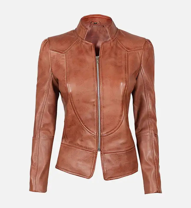 Women’s Sheepskin Leather Bomber Jacket – Vintage Brown with Streamlined Design