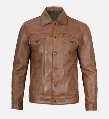 Men’s Sheepskin Trucker Leather Jacket – Camel Brown, Maroon & Blue with Shirt-Style Collar