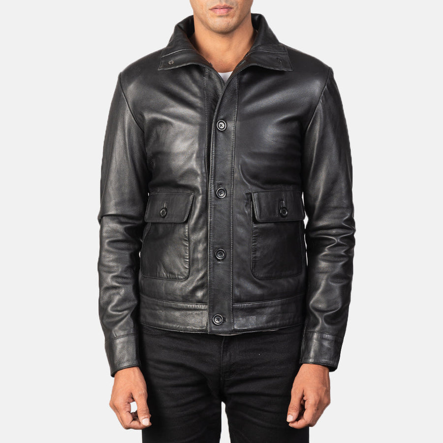 Men’s Sheepskin Leather Rider Jacket with High-Neck Buttoned Collar