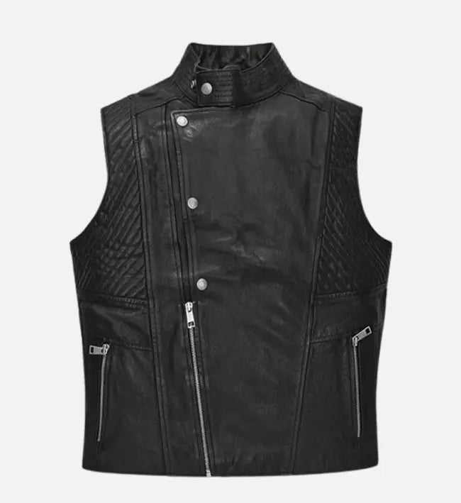 Men’s Black Sheepskin Leather Vest with Quilted Panels