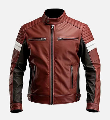 Men’s Sheepskin Leather Jacket – Maroon & Brown with Quilted Shoulders and White Stripes