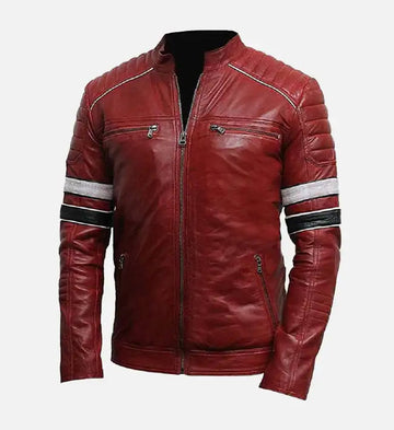 Men’s Sheepskin Leather Jacket – Red with Quilted Shoulders & Striped Sleeves