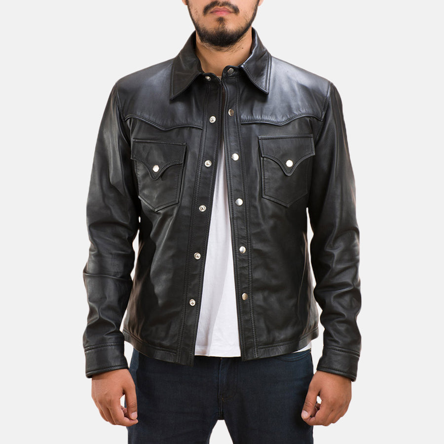 Black sheepskin genuine leather shirt collar jacket for men moto outwear