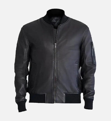 Men’s Sheepskin Leather Bomber Jacket – Black with Ribbed Collar and Hemline