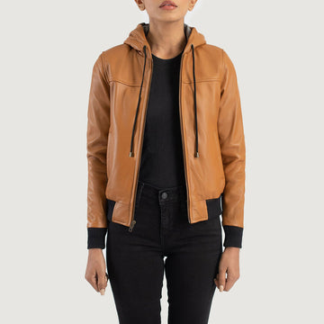 Women’s Hooded Sheepskin Leather Bomber Jacket with Fleece Lining