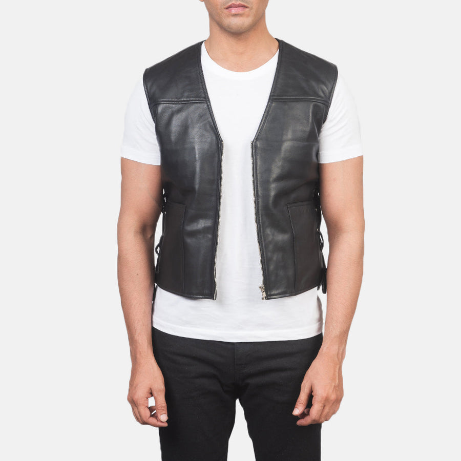 Men’s Black & Tan Brown Sheepskin Leather Vest with Leather Laces