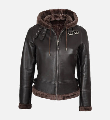 Women’s Dark Brown Shearling Hooded Sheepskin Leather Jacket