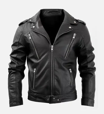 Genuine Sheepskin Leather Biker Jacket – Black with Wide Lapel Collar