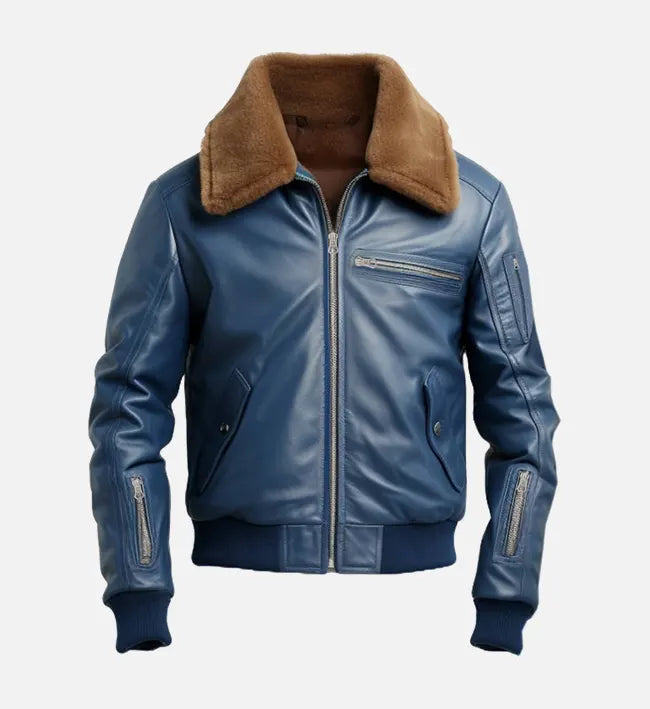 Men’s Sheepskin Leather Bomber Jacket – Blue with Shearling Collar