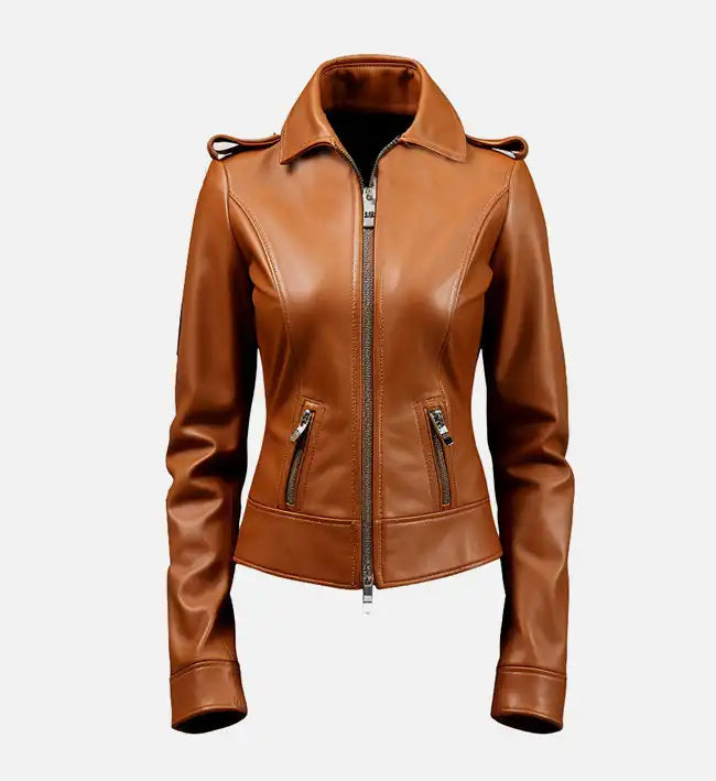Women’s Sheepskin Leather Jacket – Brown with Shirt-Style Collar