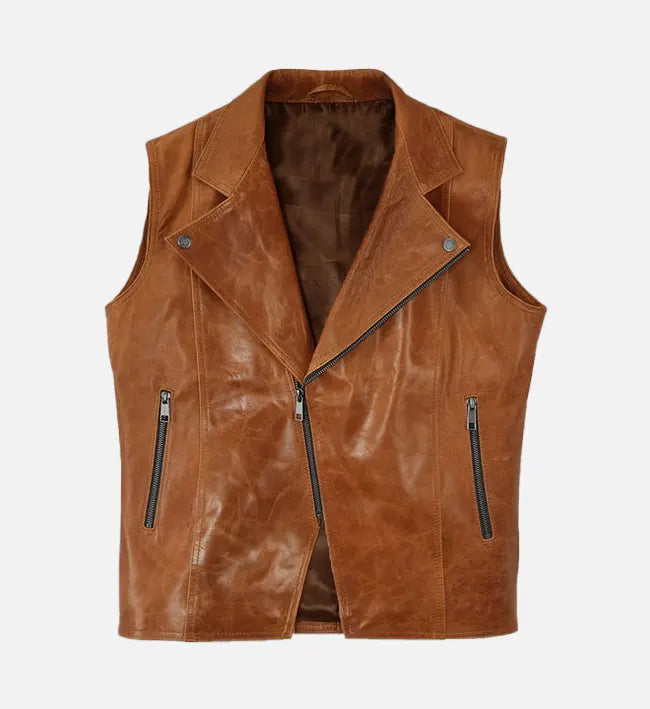Men’s Brown Sheepskin Leather Vest with Asymmetrical Zipper – Vintage Minimalist Style
