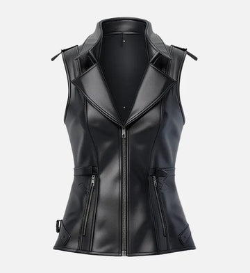Women’s Black Sheepskin Leather Vest with Belted Waist & Shoulder Straps