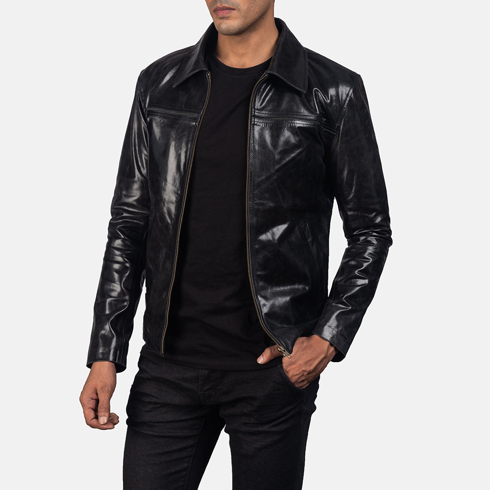 Men’s Black Cowhide Leather Biker Jacket – Classic Shirt Collar Style