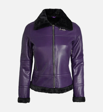Women’s Purple Sheepskin Shearling Leather Jacket with Belted Collar