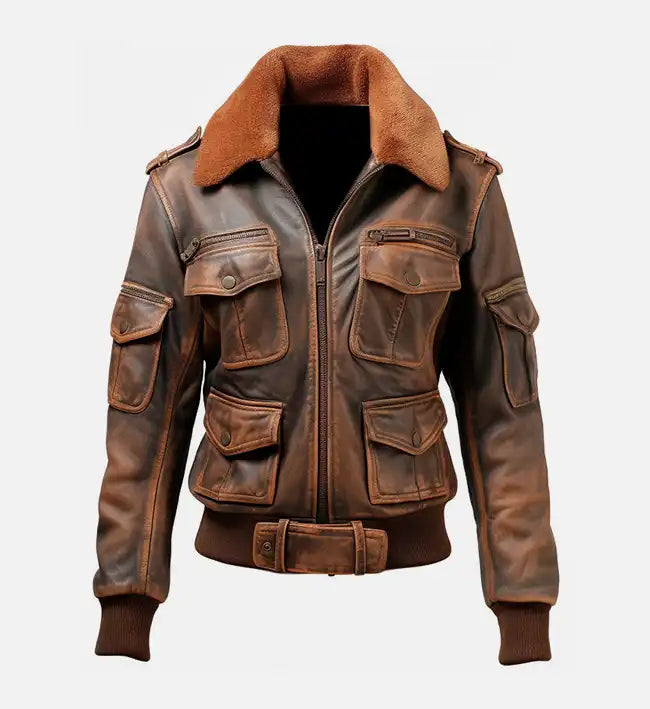 Women’s Sheepskin Leather Bomber Jacket – Brown with Faux-Fur Collar