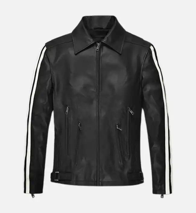 Men’s Vintage Sheepskin Leather Jacket – Black with White Stripe Detailing