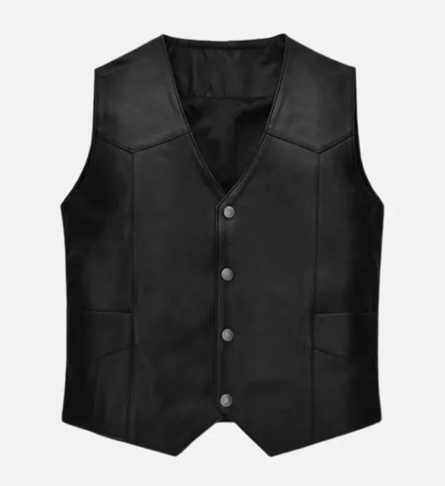 Men’s Black Sheepskin Leather Vest with V-Neckline & Brass Buttons