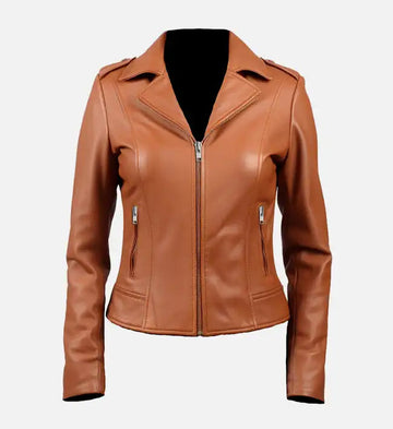Women’s Sheepskin Leather Biker Jacket – Tan Brown with Notch-Lapel Collar