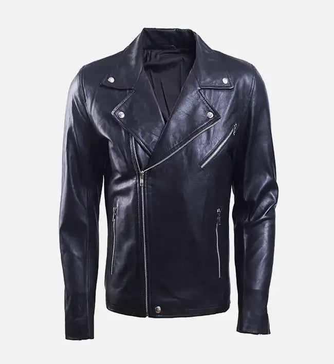Men’s Sheepskin Leather Biker Jacket – Black & Brown with Asymmetrical Zipper