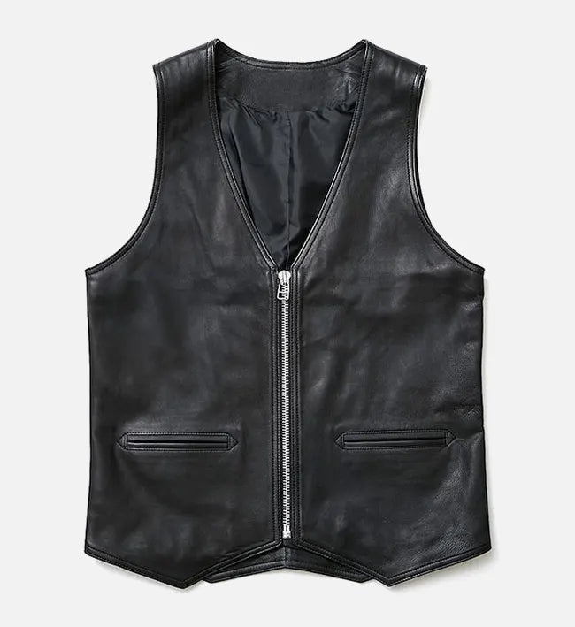 Men’s Sheepskin Leather Vest – Black with V-Neckline and Silver Zipper