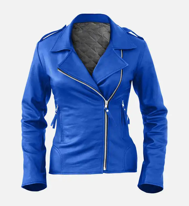 Women’s Blue Sheepskin Leather Biker Jacket – Asymmetrical Zip Style