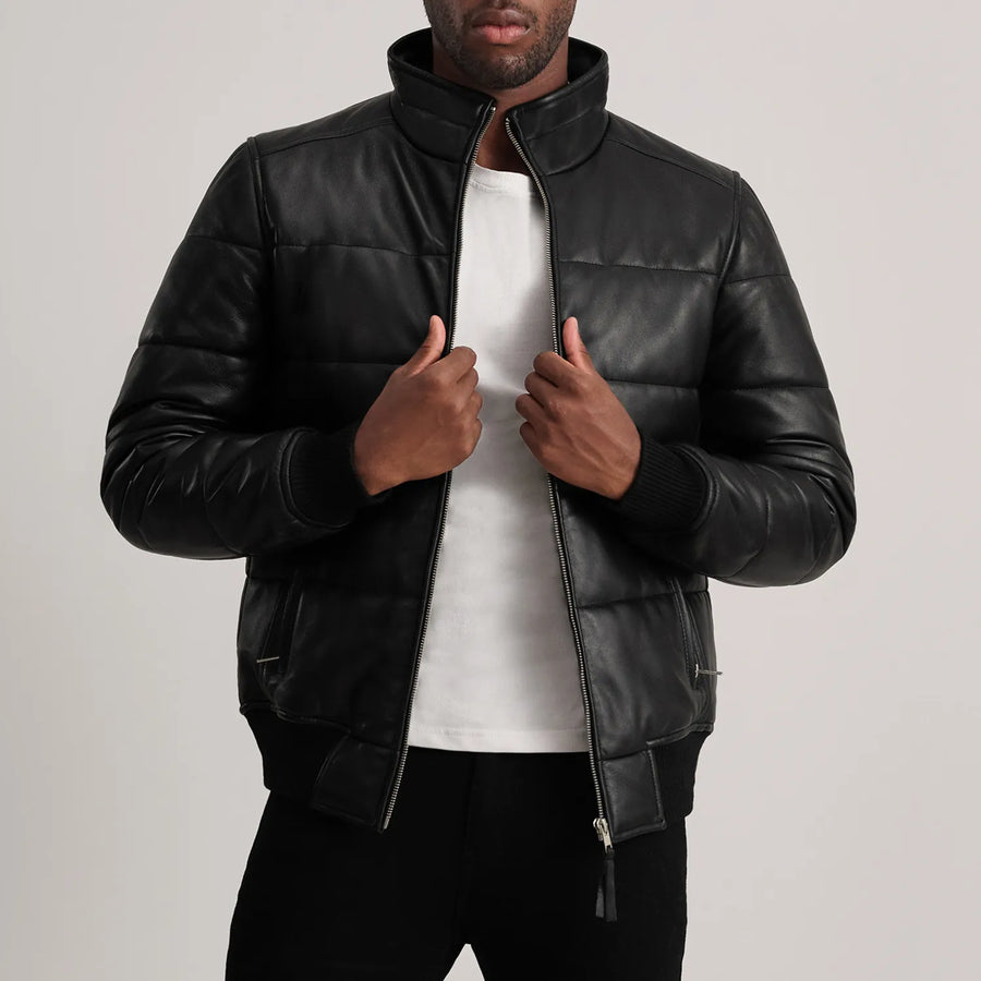 Men’s High-Neck Sheepskin Puffer Leather Jacket – Semi-Aniline Finish
