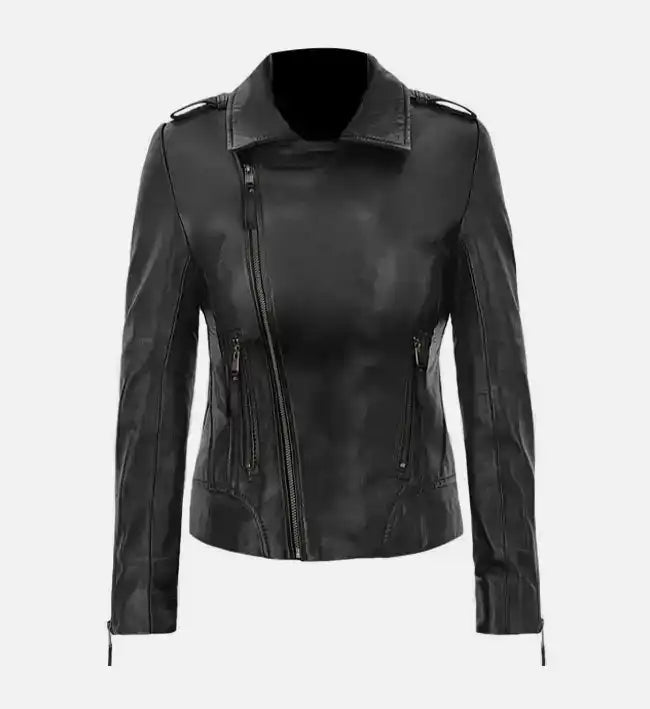 Women’s Sheepskin Leather Jacket – Black with Notch Lapel Collar
