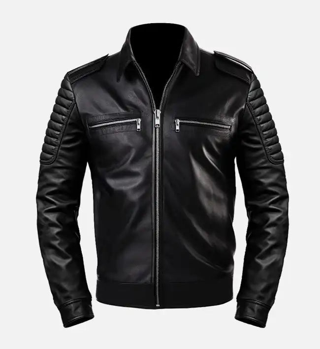 Men’s Sheepskin Leather Slim fit Café Racer Style Black Leather Jacket