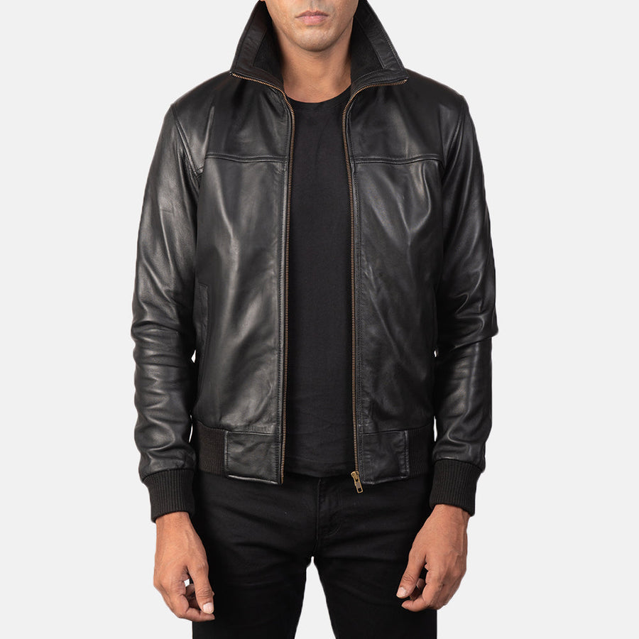 Men’s Sheepskin Leather Jacket with Rib Knit Collar – Semi-Aniline Finish