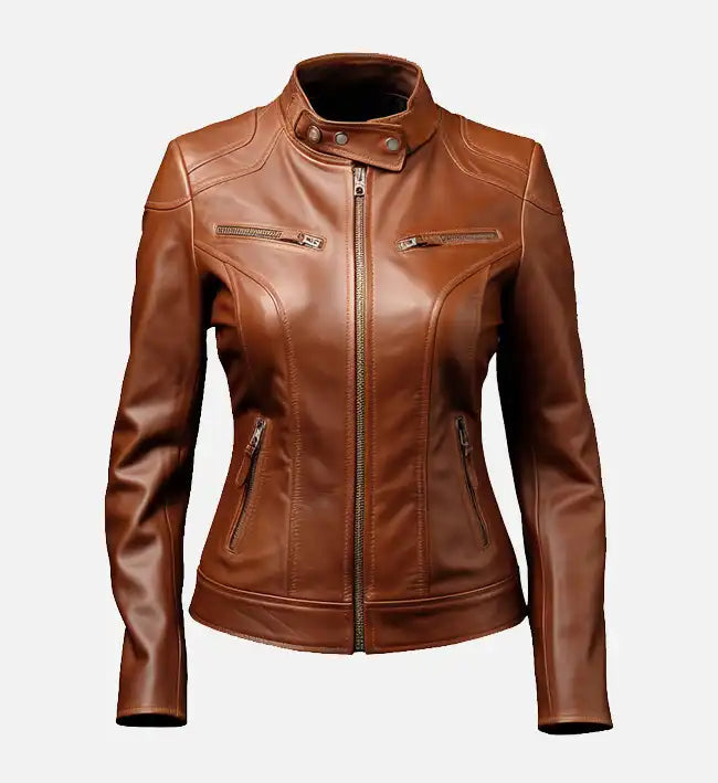 Women’s Sheepskin Café Racer Brown Leather Jacket